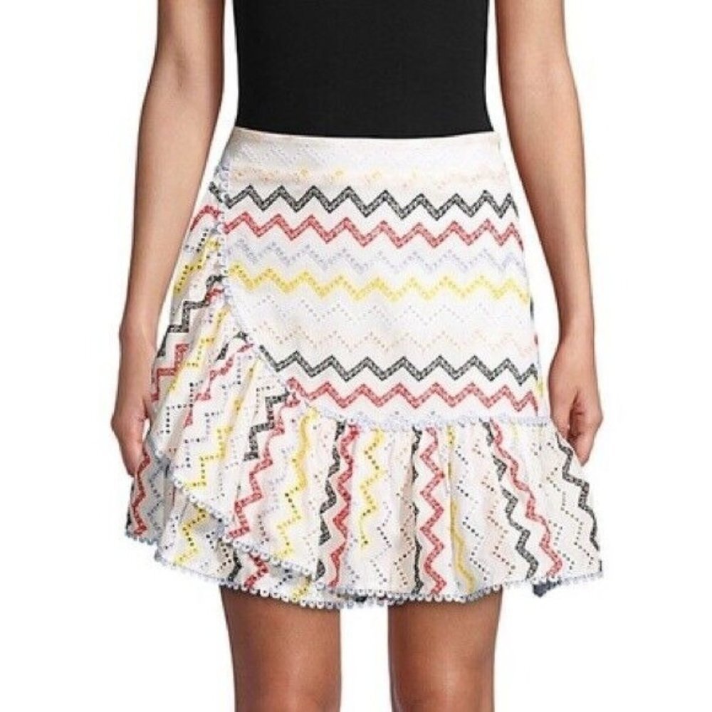 Allison New York Women Large Striped Multicolored Eyelet Ruffle Above Knee Skirt